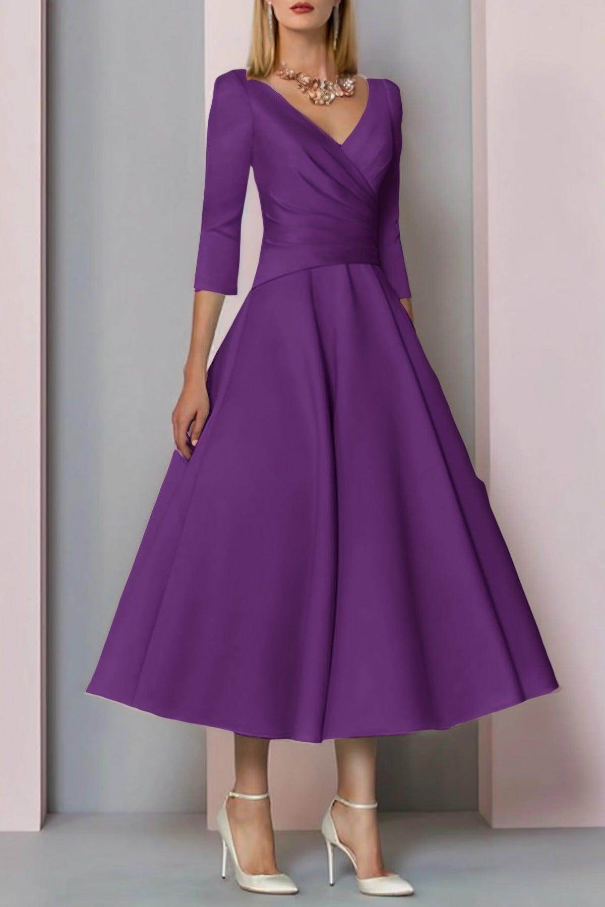 A-Line Tea Length Satin Mother Dress CM0081 - COCOMELODY